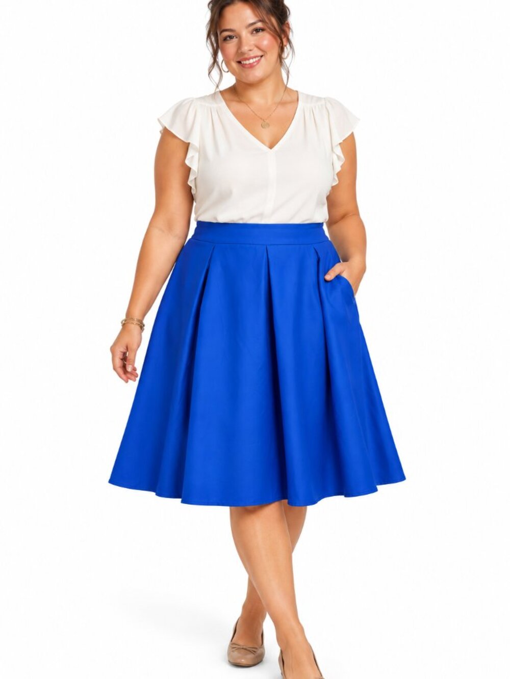 NWT Size 14 Yige Cobalt Blue Pleated Flare Knee-Length Skirt with Pockets